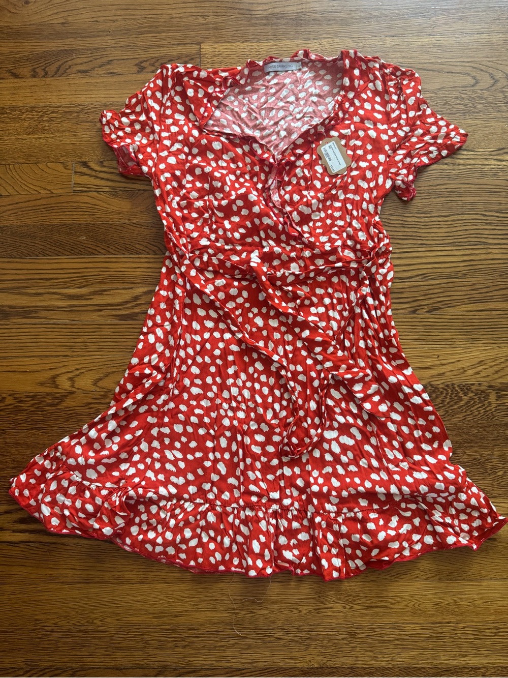 Red Printed Short Sleeve Wrap-Style Midi Dress